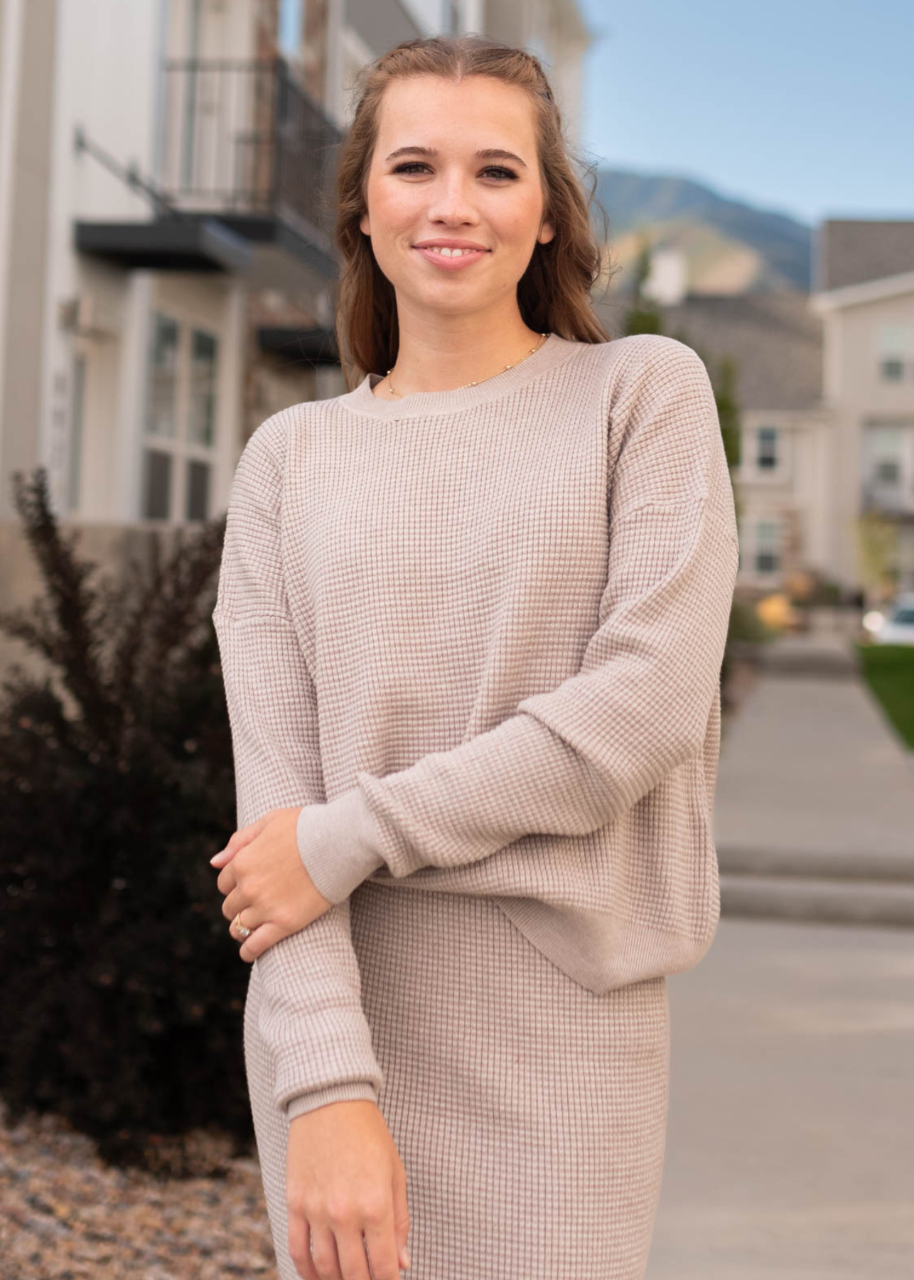Long sleeve stone sweater with drop sleeves