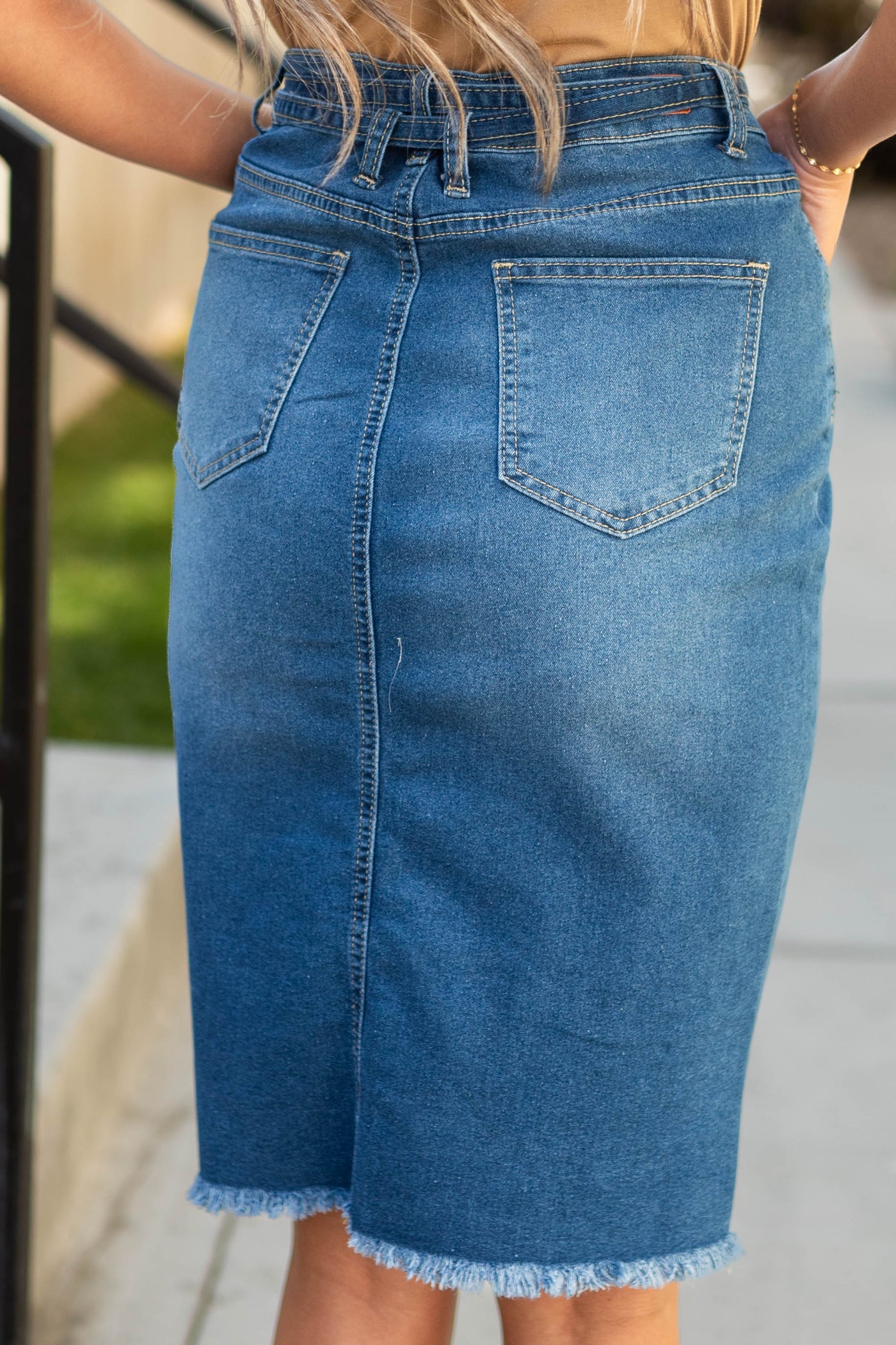 Back view of indigo skirt
