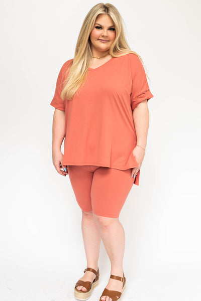 Plus size ash roses v-neck tee with biker shorts
