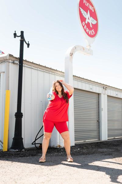 Plus size ruby colored biker short set.