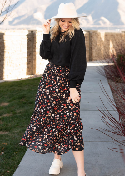 Front view of a black floral skirt