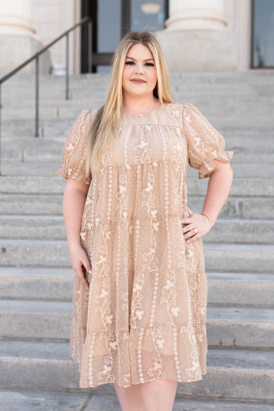 Short sleeve plus size beige embroidered dress
