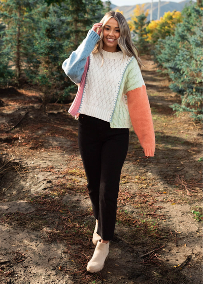 Long sleeve pastel color block knit multi sweater