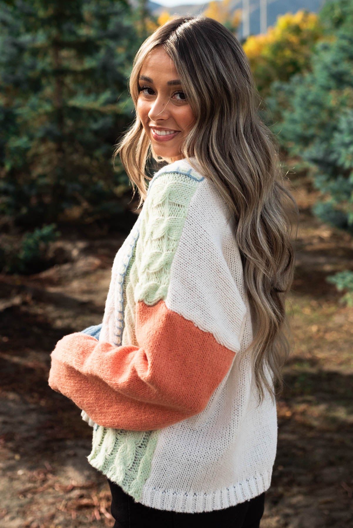 Side view of a pastel color block knit multi sweater