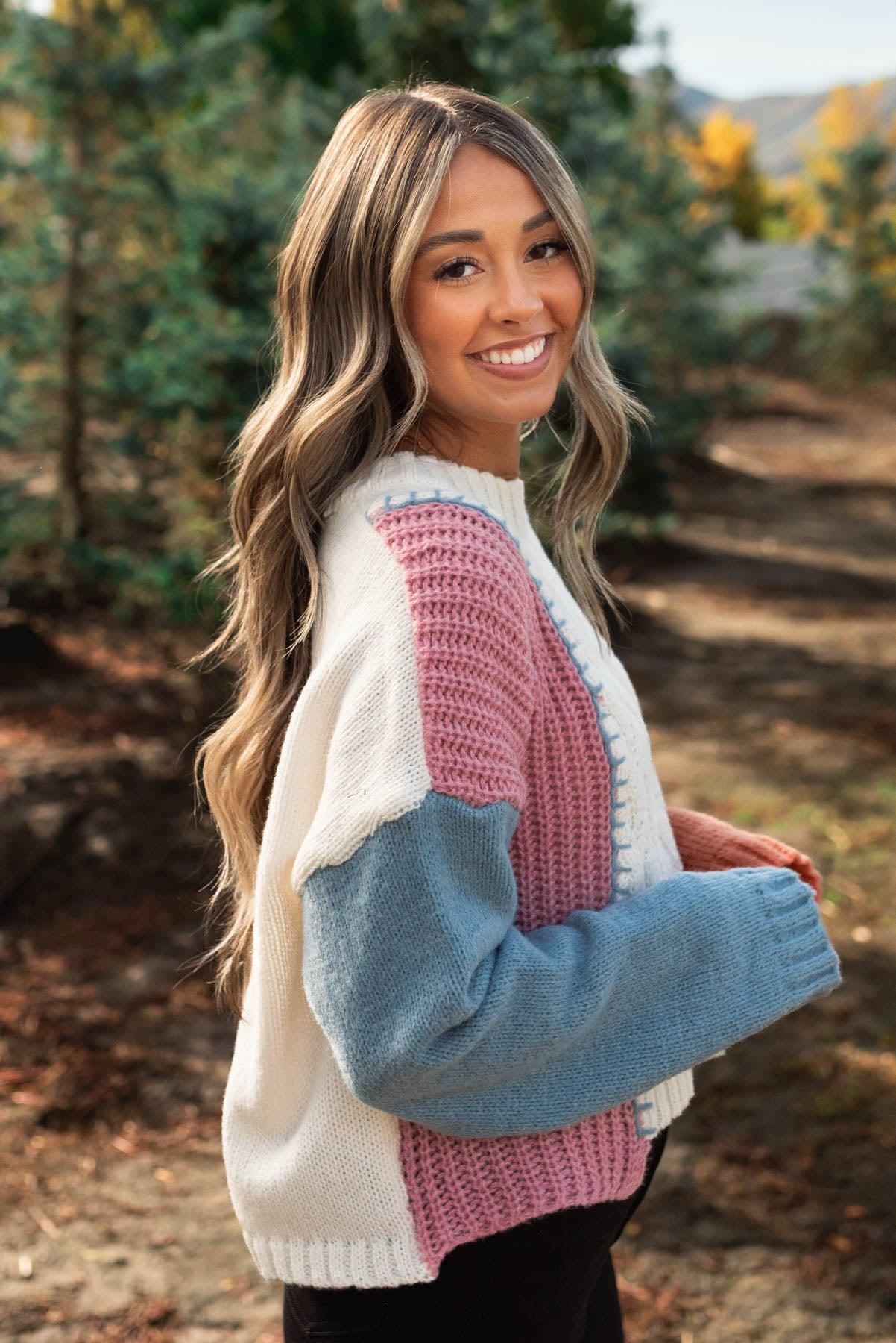 Side view of the knit multi sweater