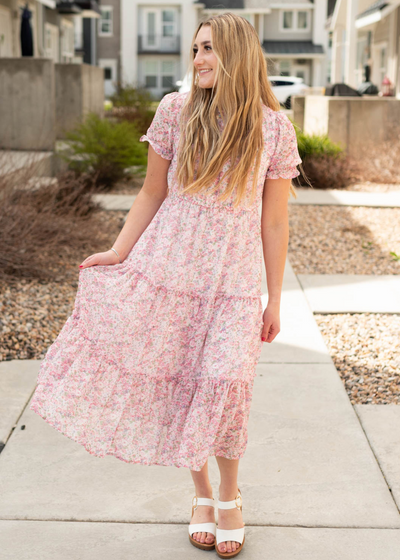 Pink floral tiered dress with short sleeves