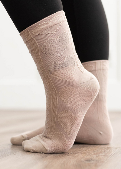 Side view of the tan heart socks