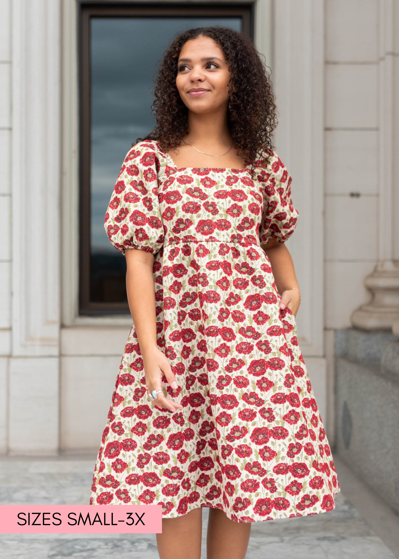 High waisted red floral dress