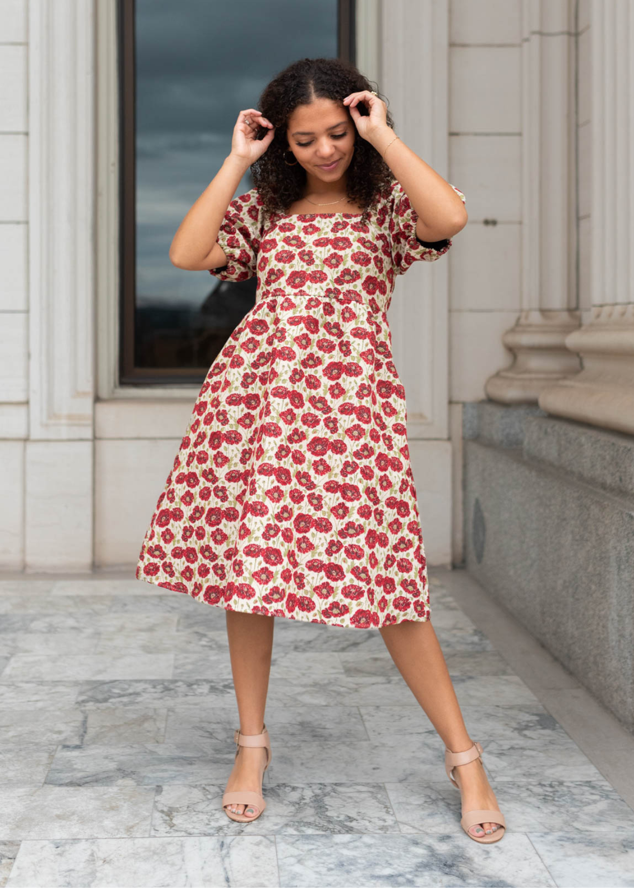 Short sleeve red floral dress