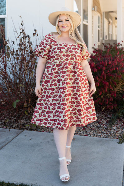 Short sleeve plus size red floral dress