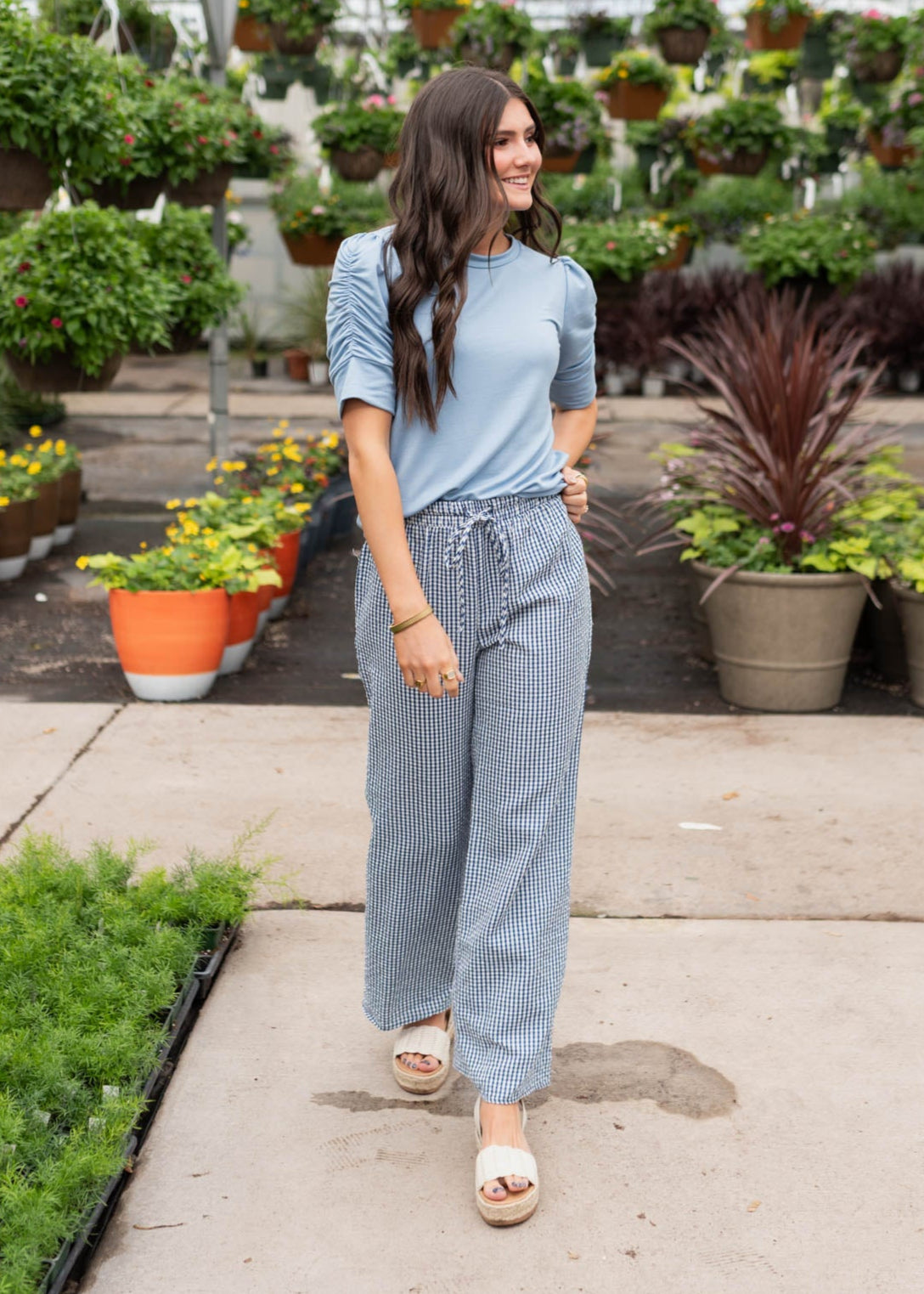 Wide leg blue gingham pants