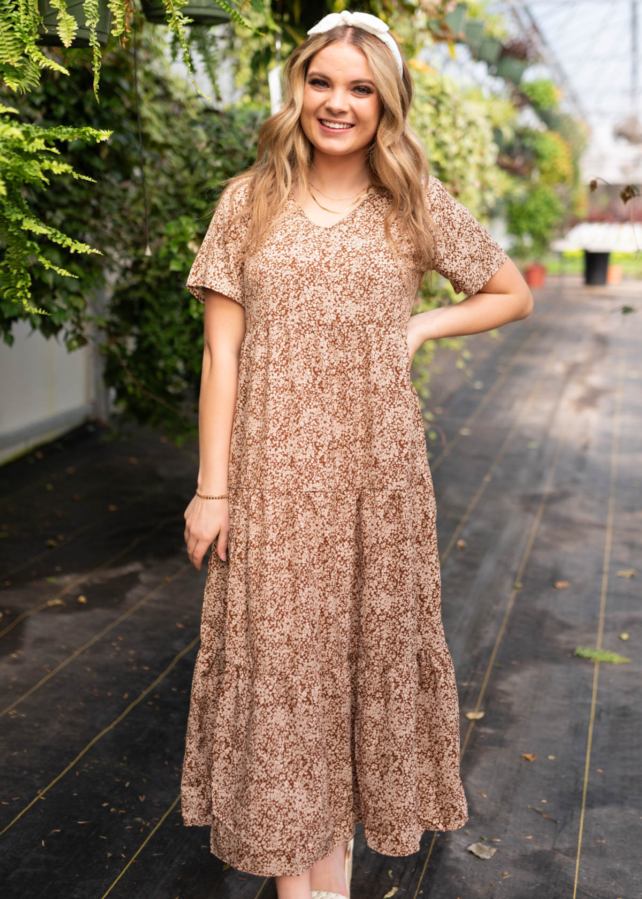 Brown floral dress with tiered skirt