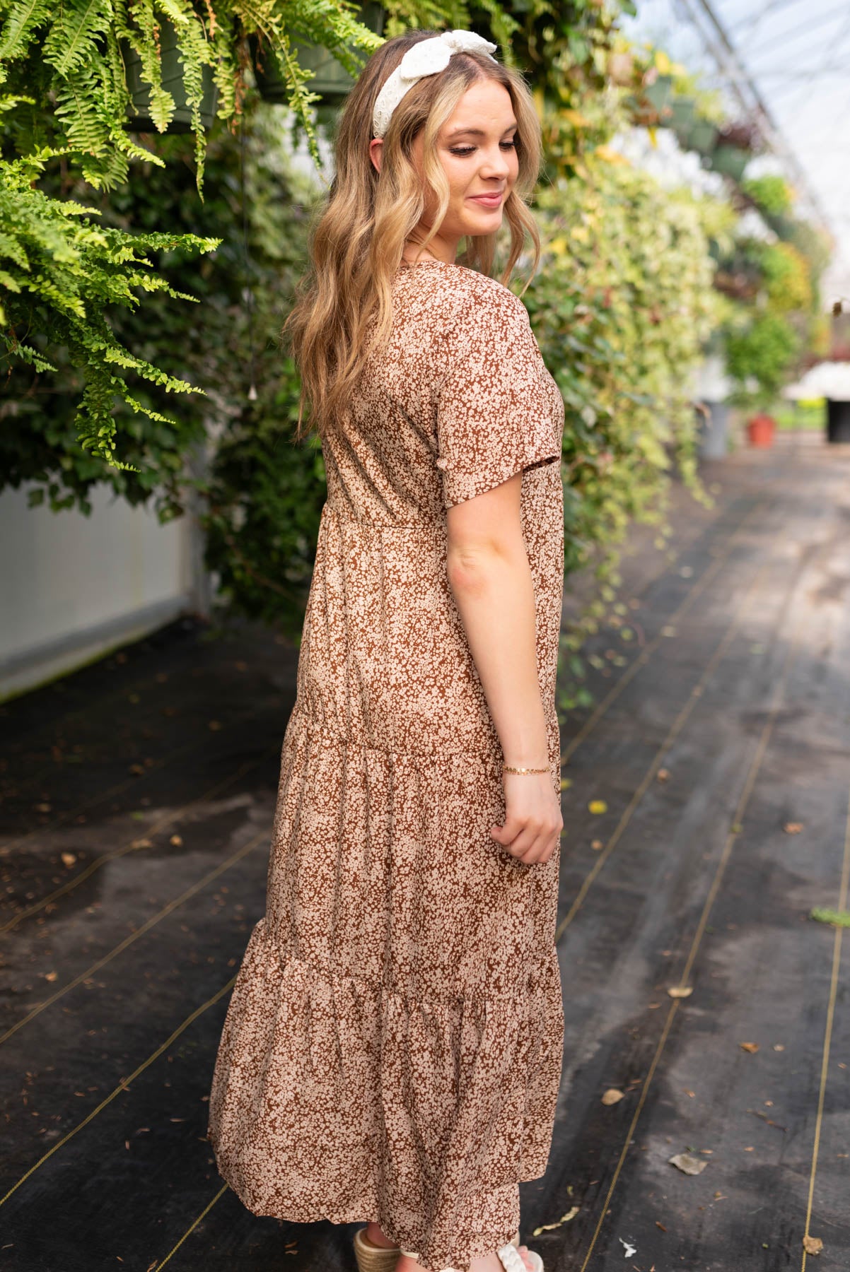 Side view of the brown floral dress