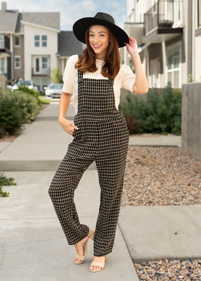 Black plaid overalls with pockets
