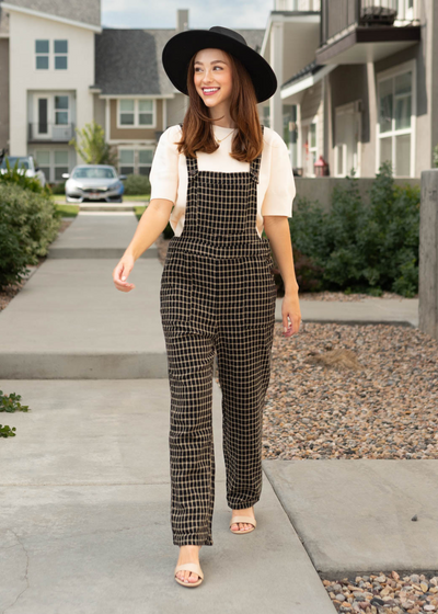 Black plaid overalls