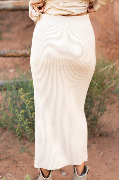 Back view of a oatmeal skirt