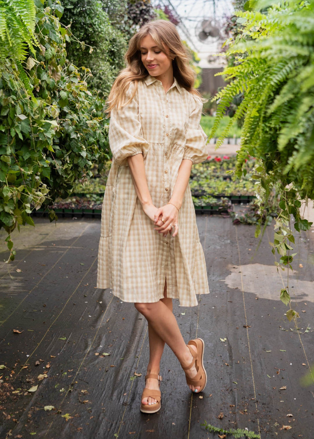 Taupe gingham button down dress with short sleeves