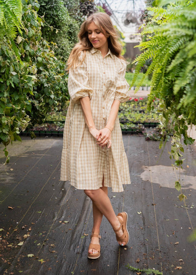 Taupe gingham button down dress with short sleeves