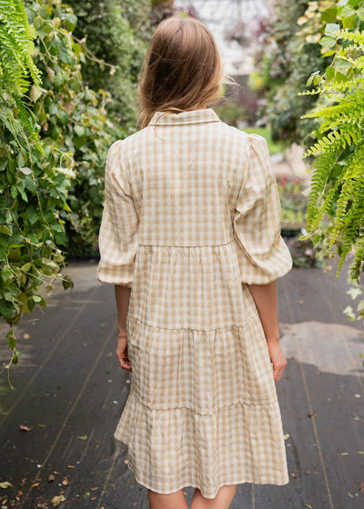Back view of the taupe gingham button down dress
