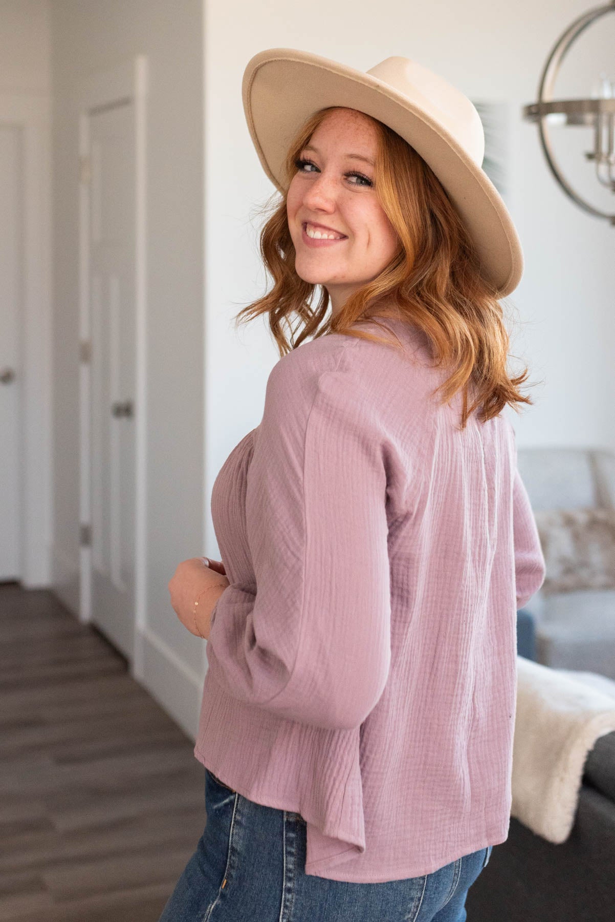 Side view of a mauve blouse