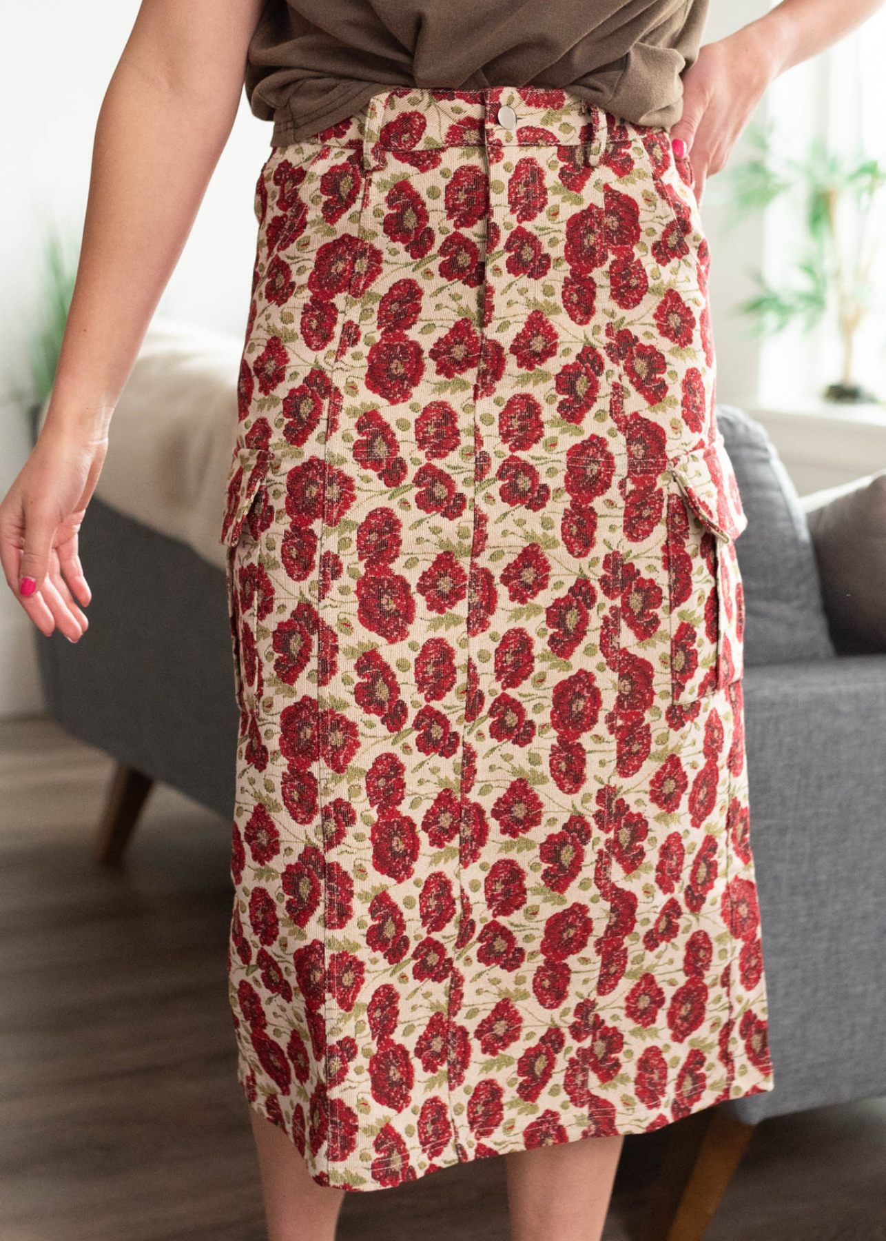 Red floral cargo skirt with side pockets
