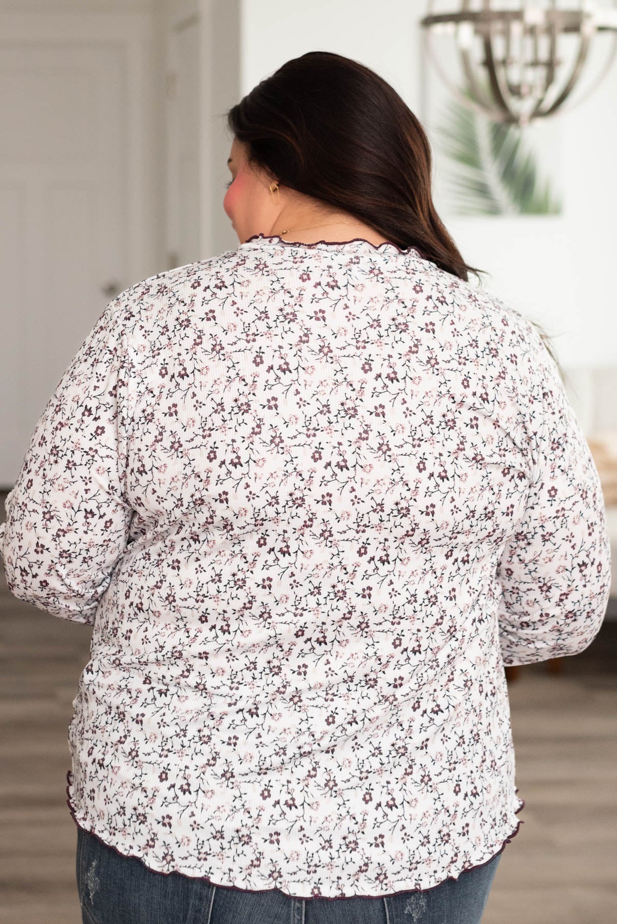 Plus size back view burgundy flower print long sleeve top