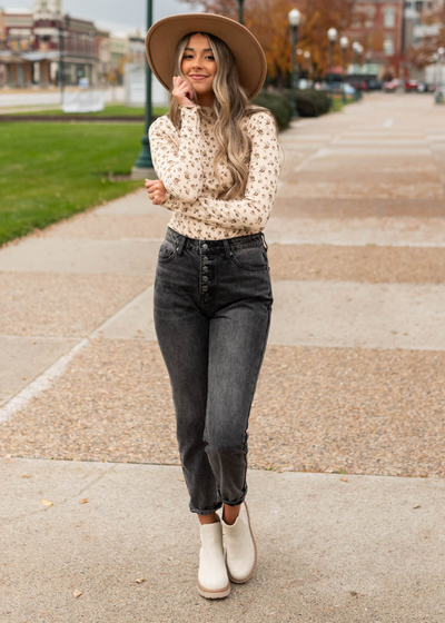 Cream sand flower print long sleeve top