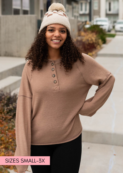 Long sleeve button top with drop shoulder