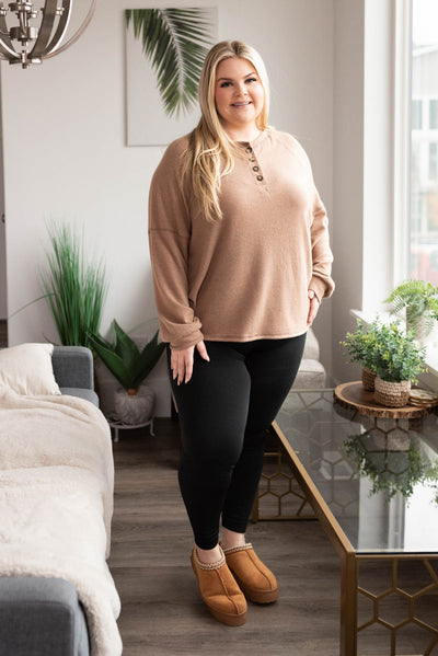 Plus size mocha button top with long sleeves