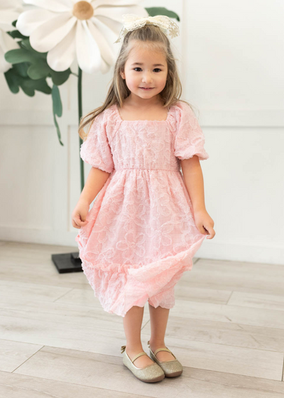 Short sleeve pink floral tiextured little girl dress 