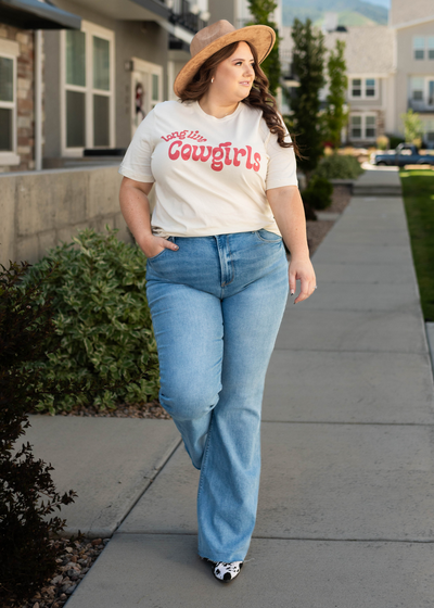 Curvy bootcut jeans and long live cowgirls ivory tee that is sold separately 
