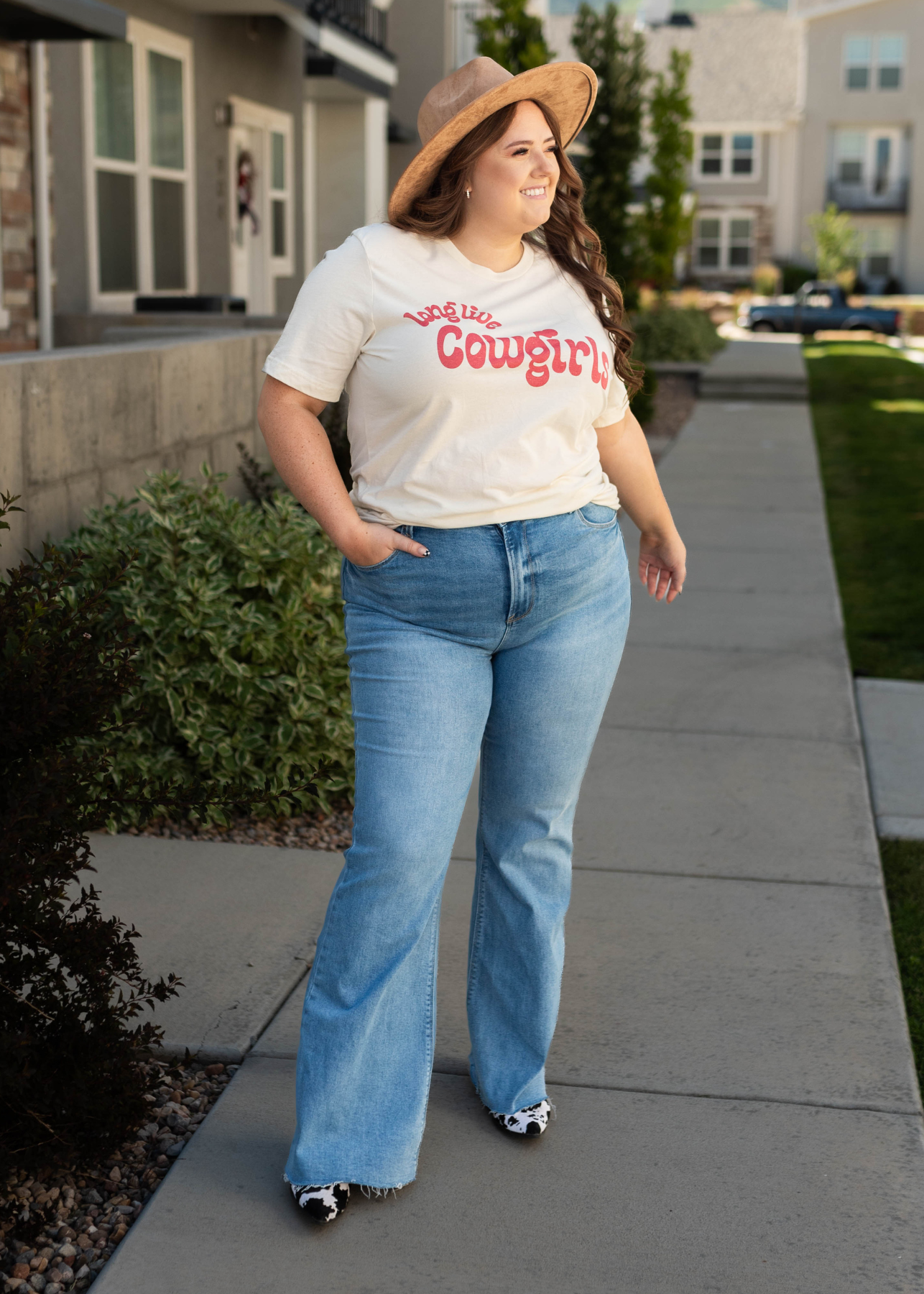 Curvy bootcut jeans with plus size cowgirl ivory tee that is sold separately