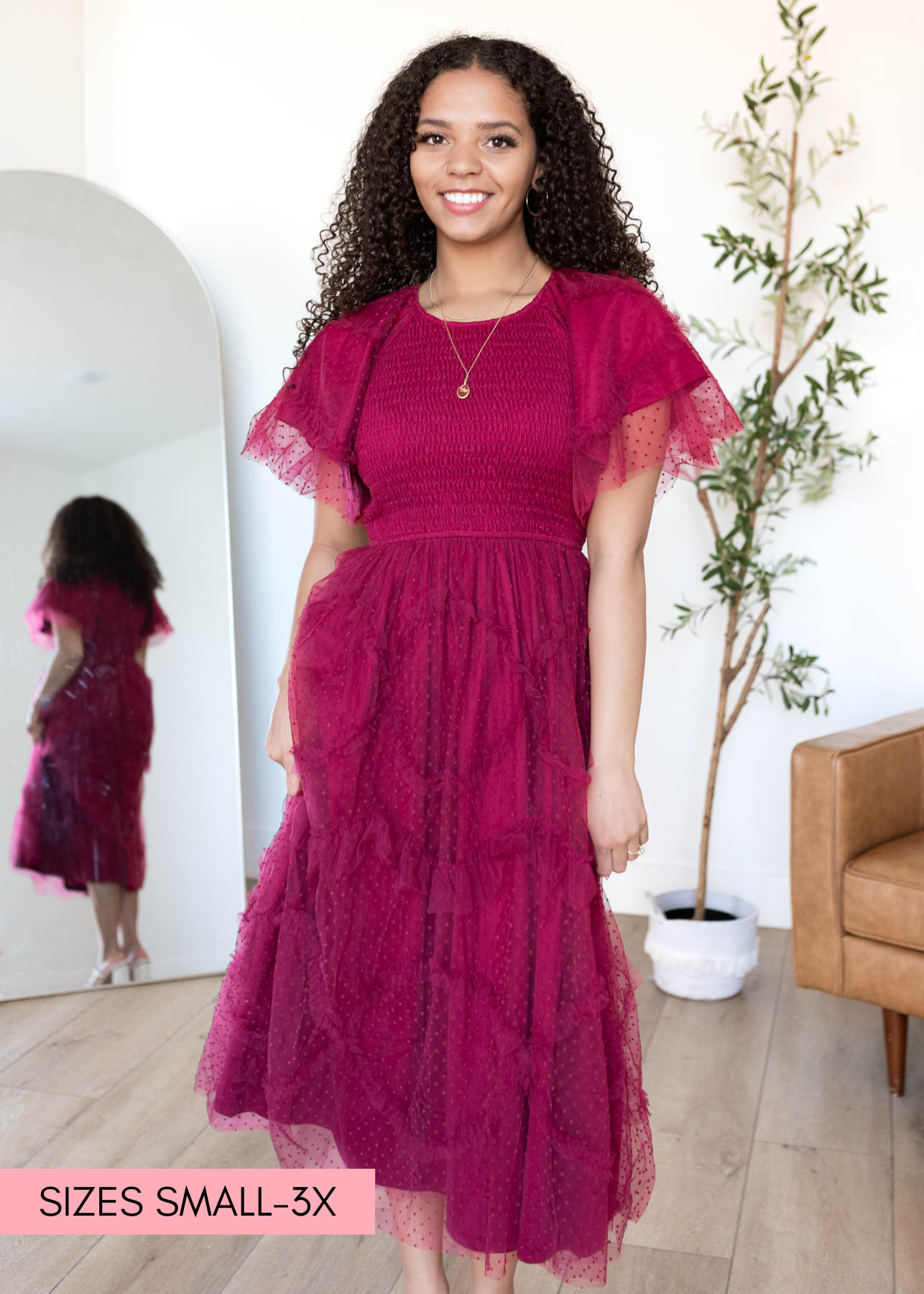 Burgundy smocked ruffle dress 