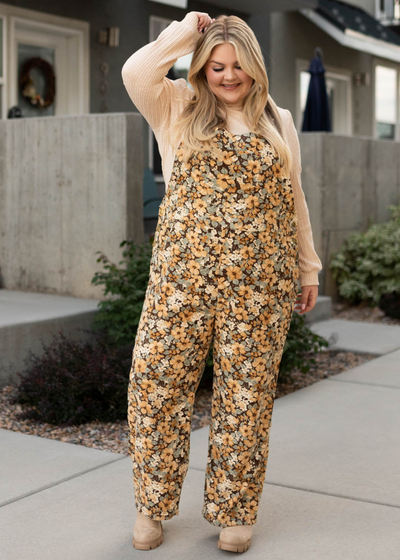 plus size floral corduroy overalls with pockets