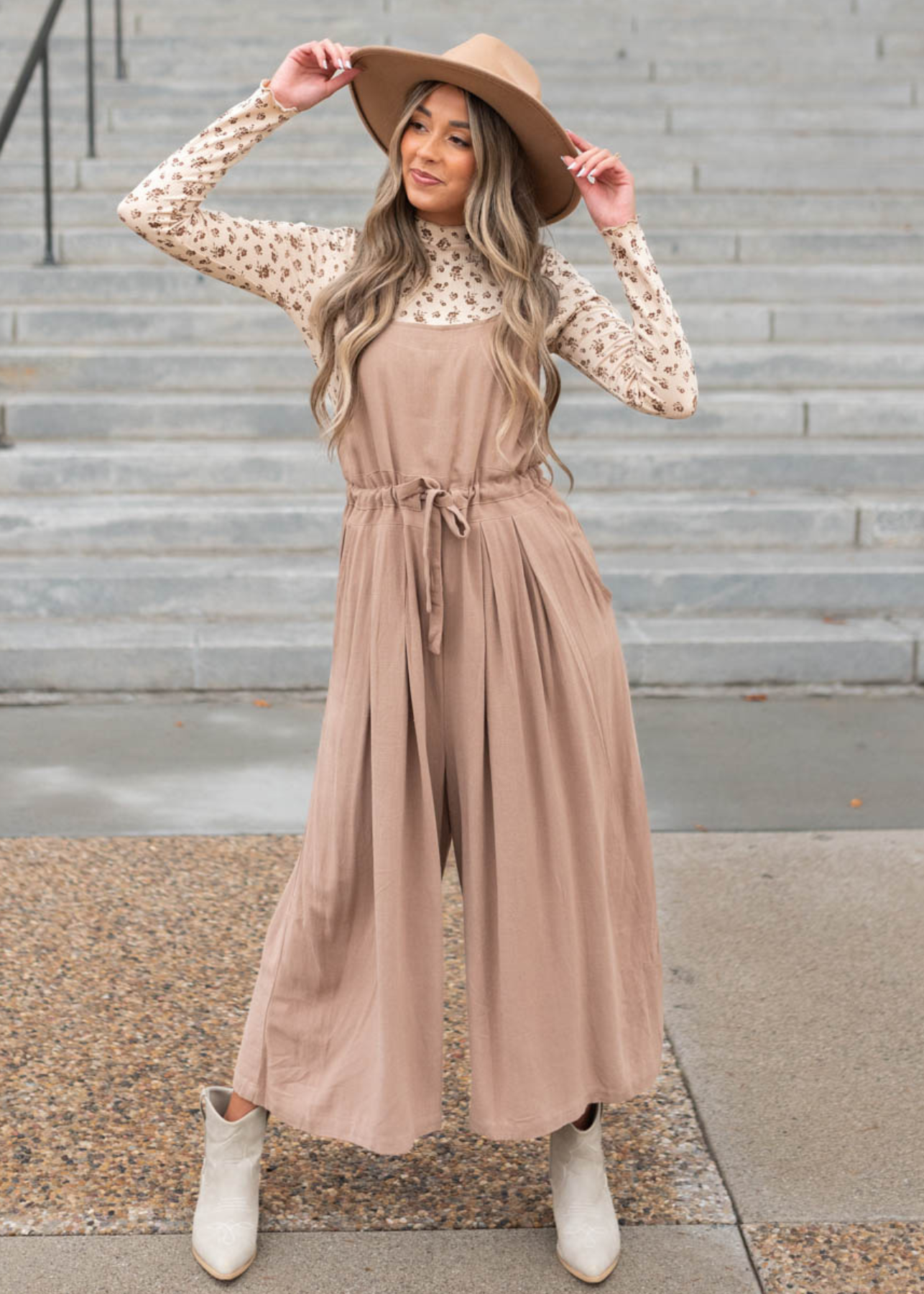 Wide leg mocha jumpsuit with pockets