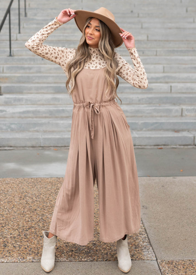 Wide leg mocha jumpsuit with pockets