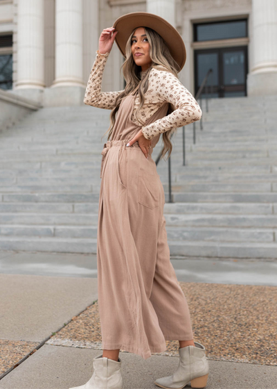 Side view of a mocha jumpsuit