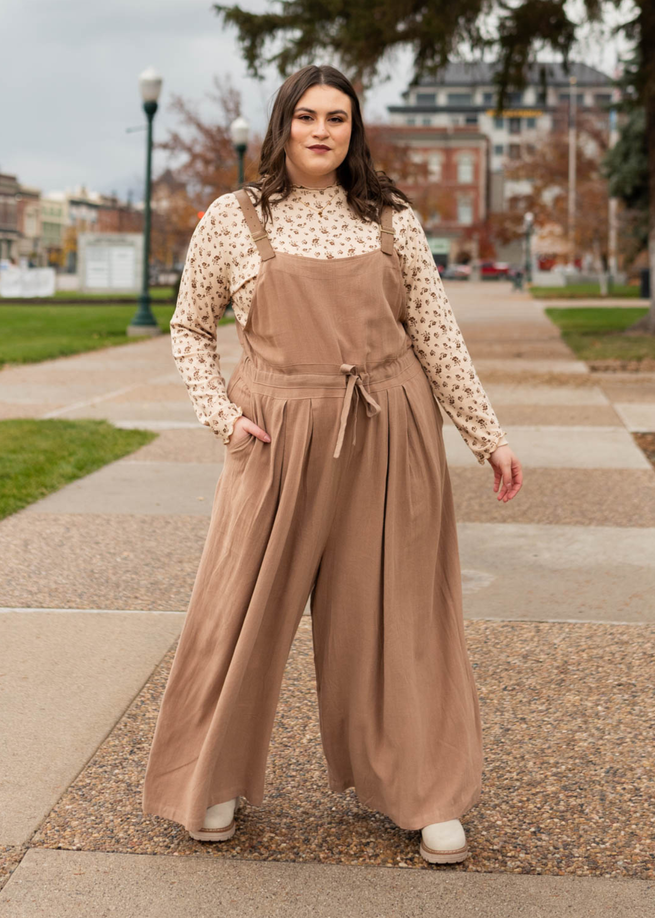 Plus size mocha jumpsuit that ties at the waist