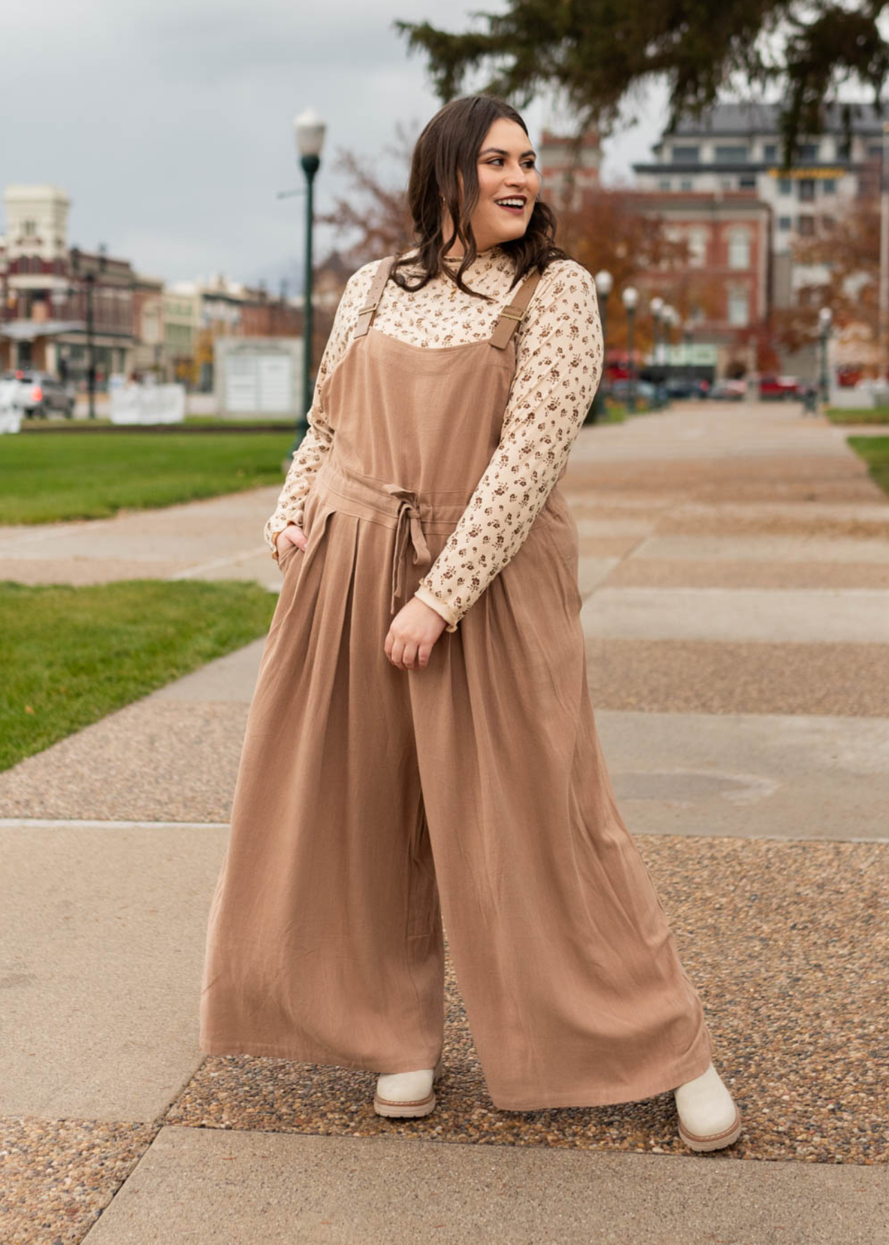 Plus size wide leg mocha jumpsuit