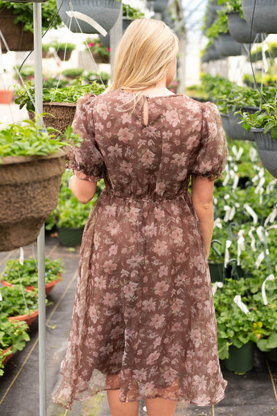 Back view of the brown floral organza dress