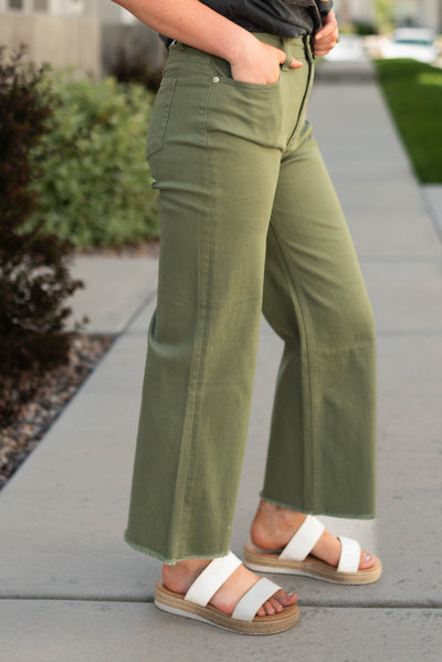 Side view of olive jeans