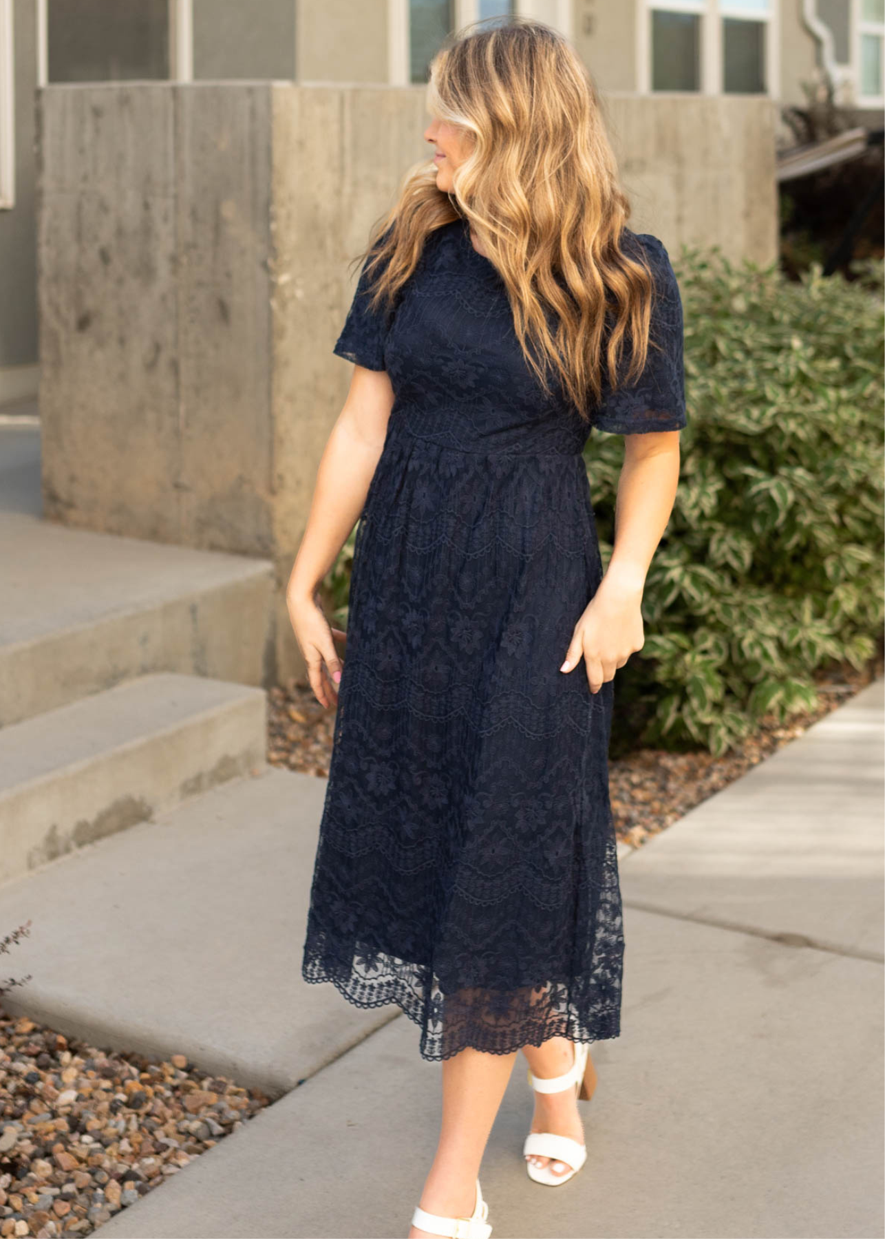 Short sleeve navy lace dress