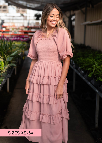Dusty pink tiered dress with smocked bodice 