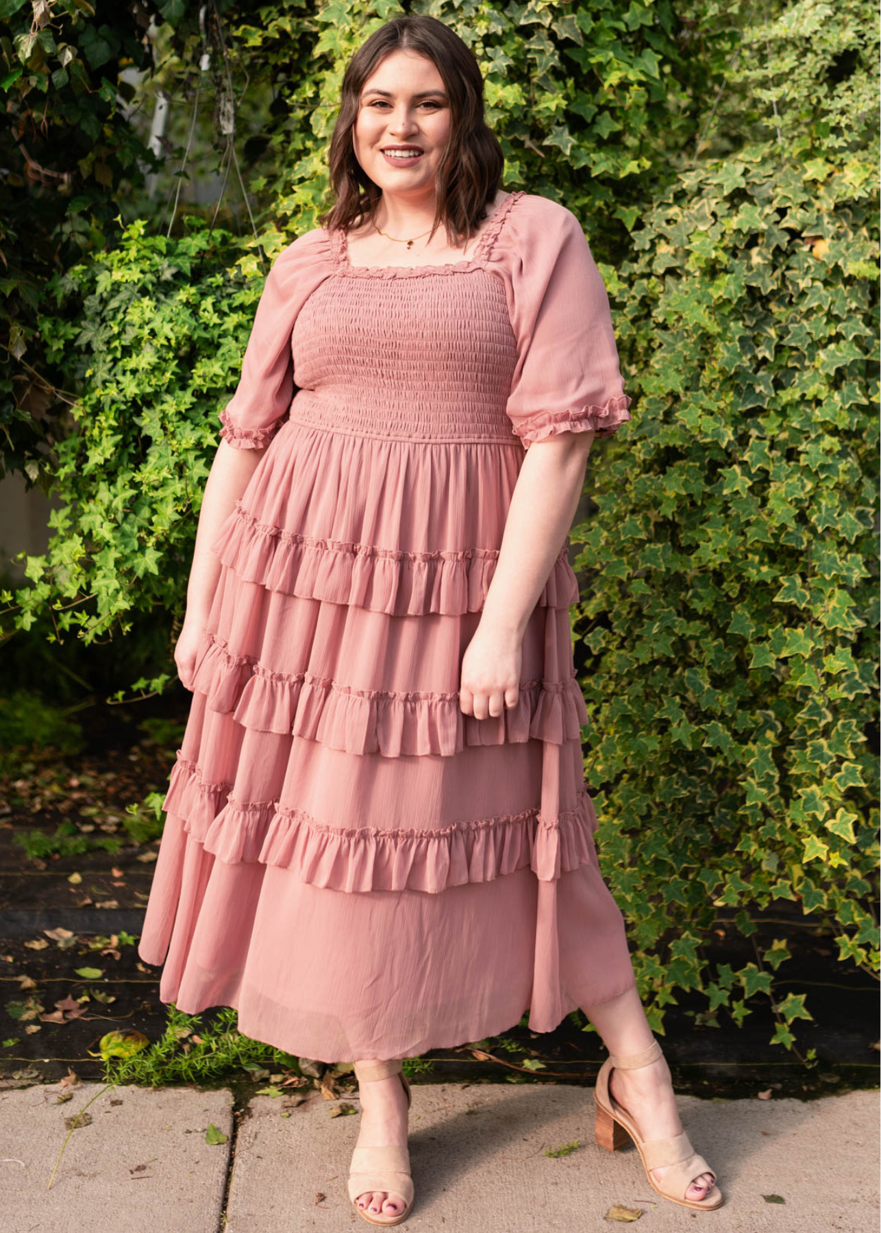 Short sleeve plus size dusty pink tiered dress