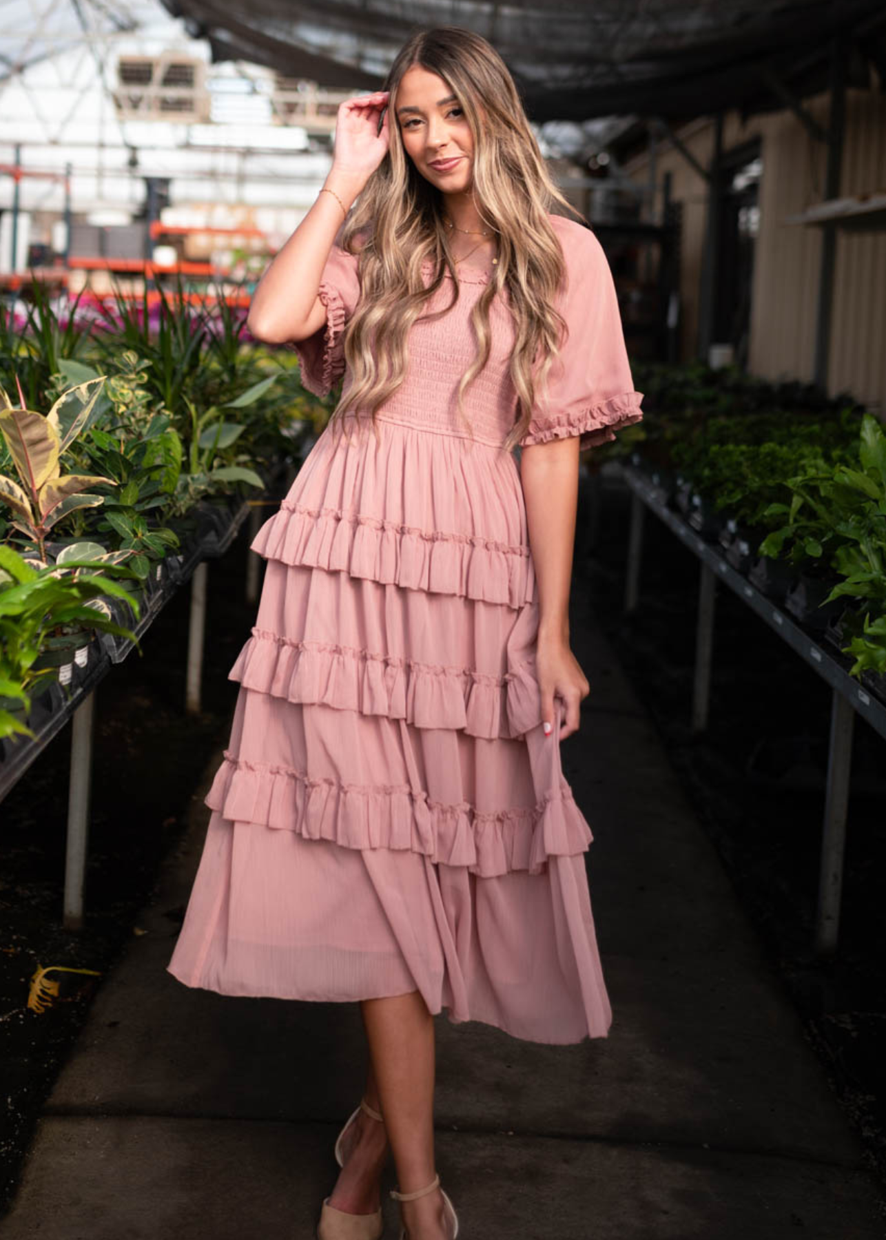 Dusty pink tiered dress with short sleeves