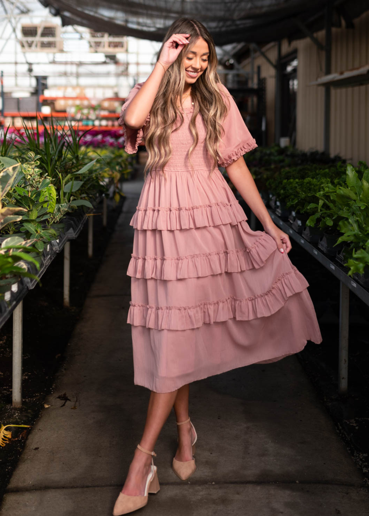 Short sleeve dusty pink tiered dress