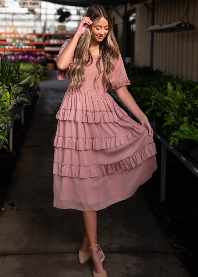 Dusty pink tiered dress