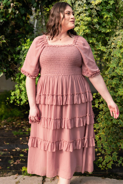 Plus size dusty pink tiered dress with short sleeves