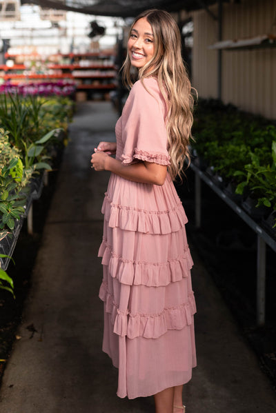 Side view of the dusty pink tiered dress