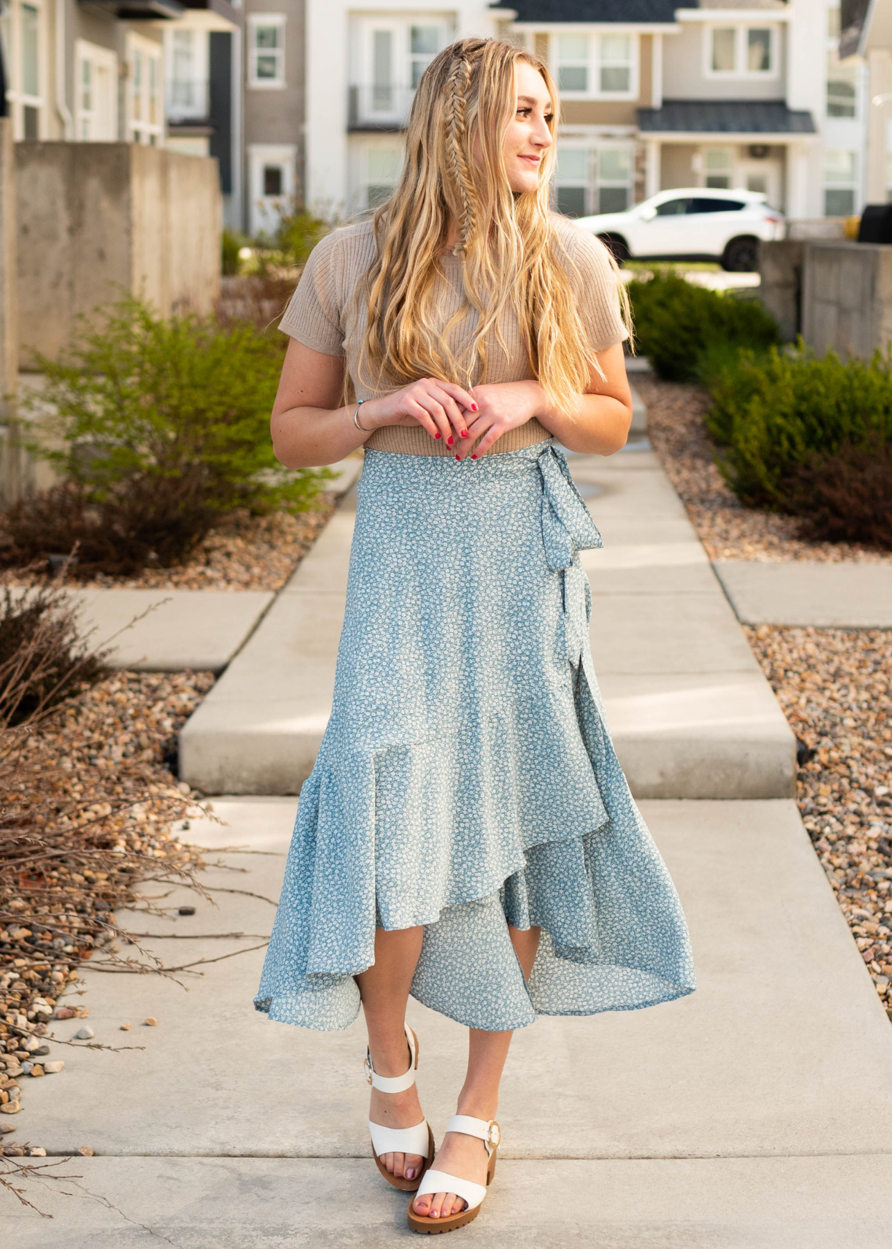 Wrap style blue skirt
